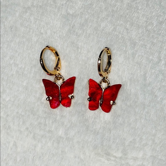 Cherry Red Butterfly Earrings - Picture 2 of 4